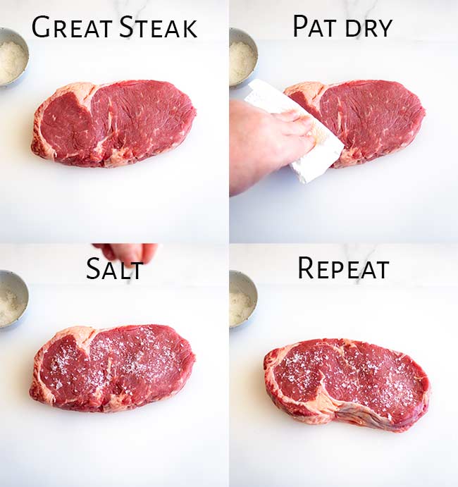 split picture showing how to salt the steak