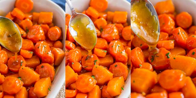 three pictures showing the glaze being drizzled over the carrot and pumpkin