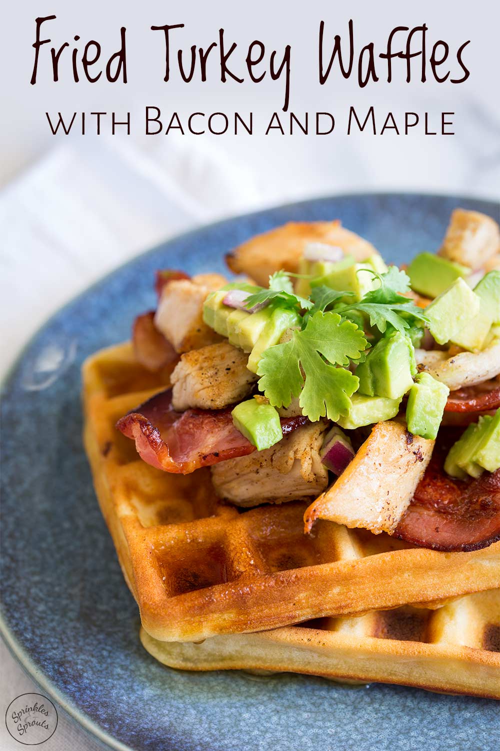 Pin Image: overhead view of the turkey waffles with text at the top