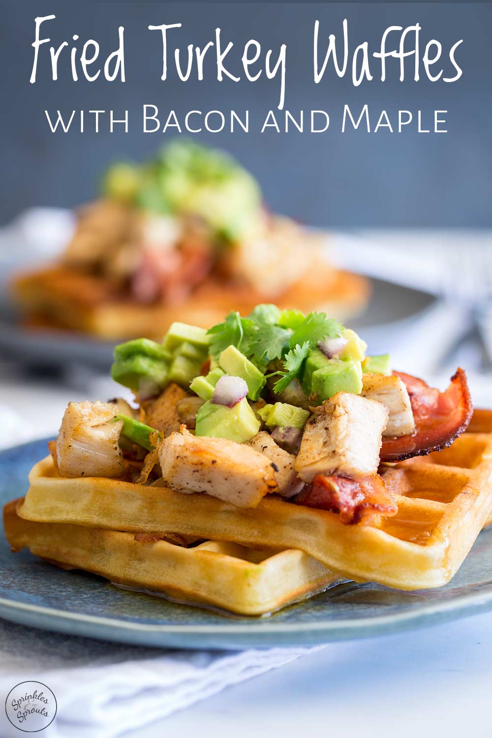 Pin Image: head on view of the turkey waffles with text at the top