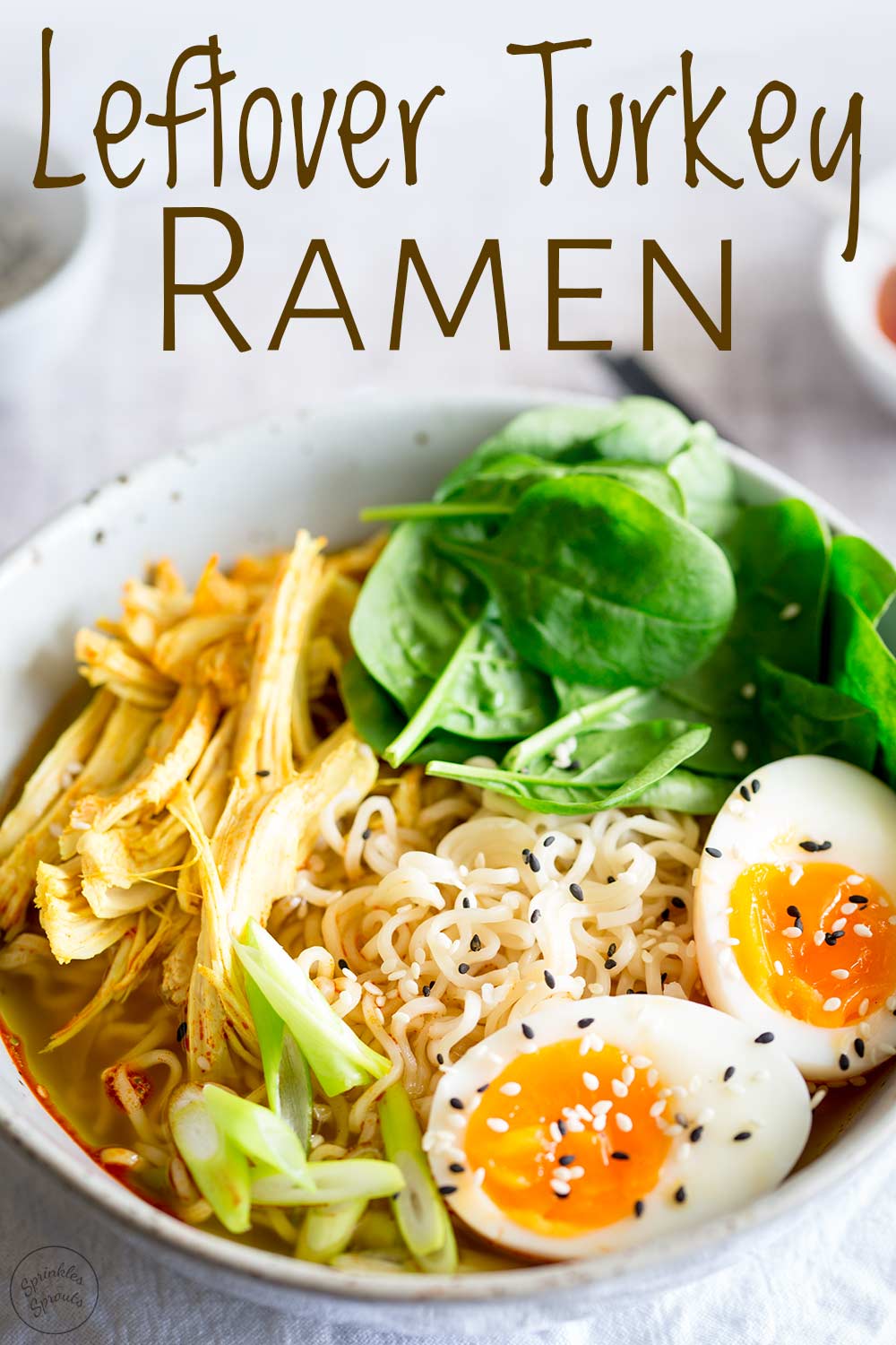 pinterest image close up of the turkey ramen with text at the top