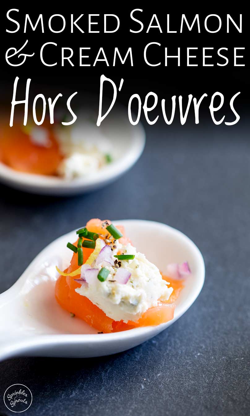 Close up on the smoked salmon and cream cheese hors d'oeuvres with text at the top