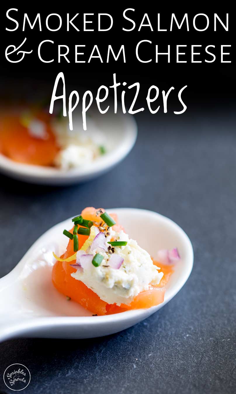 Close up on the smoked salmon and cream cheese appetizers with text at the top