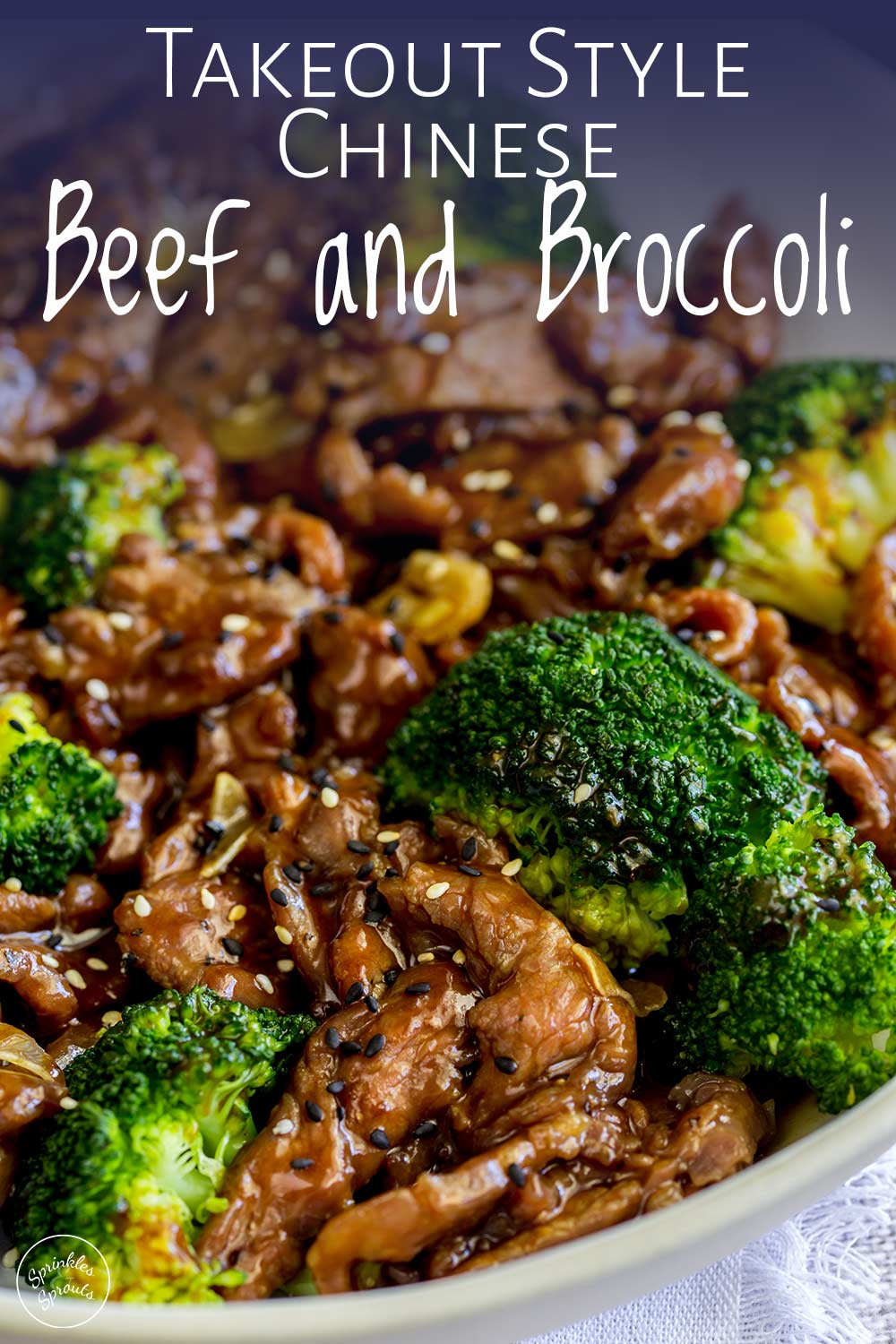 close up on the sauce and the beef in the beef and broccoli with text at the top