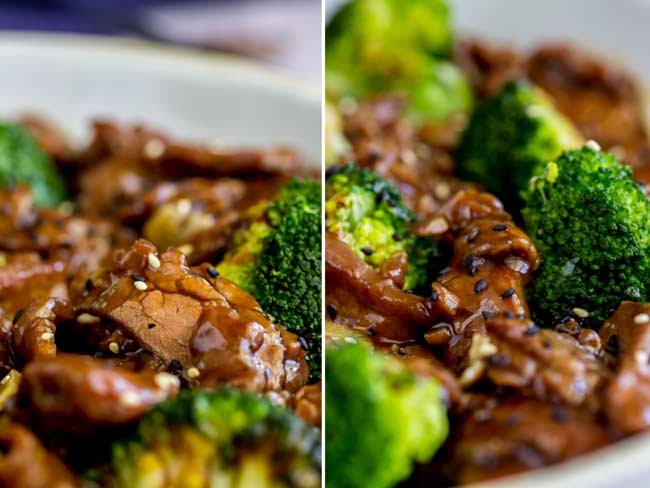 Split picture with close up on the glossy sauce on the beef and broccoli
