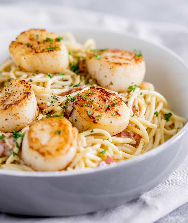 Seared Scallop Pasta with Creamy Bacon Sauce - Sprinkles and Sprouts