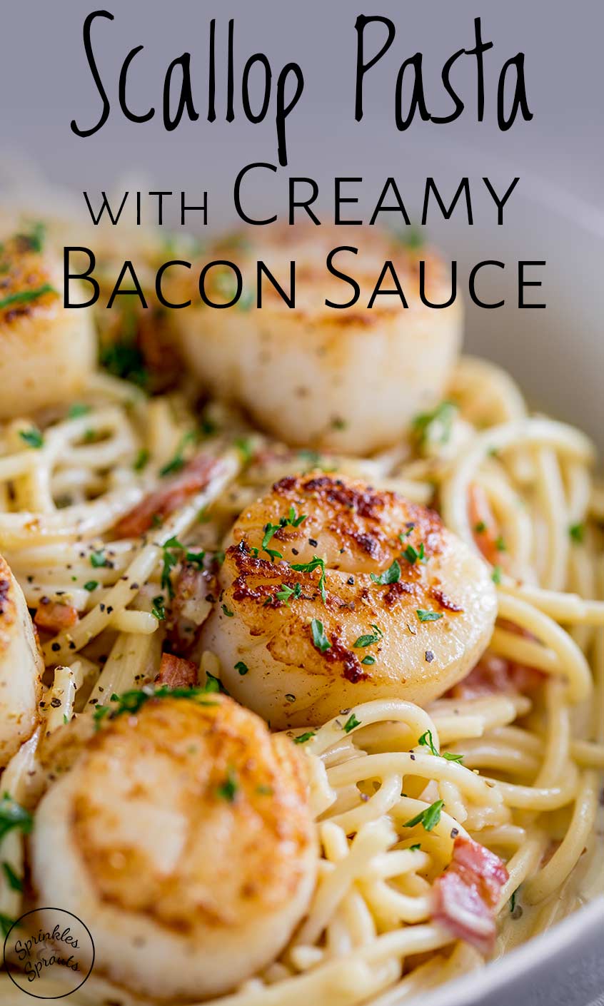 close up on a seared scallop on a bed of pasta with text at the top