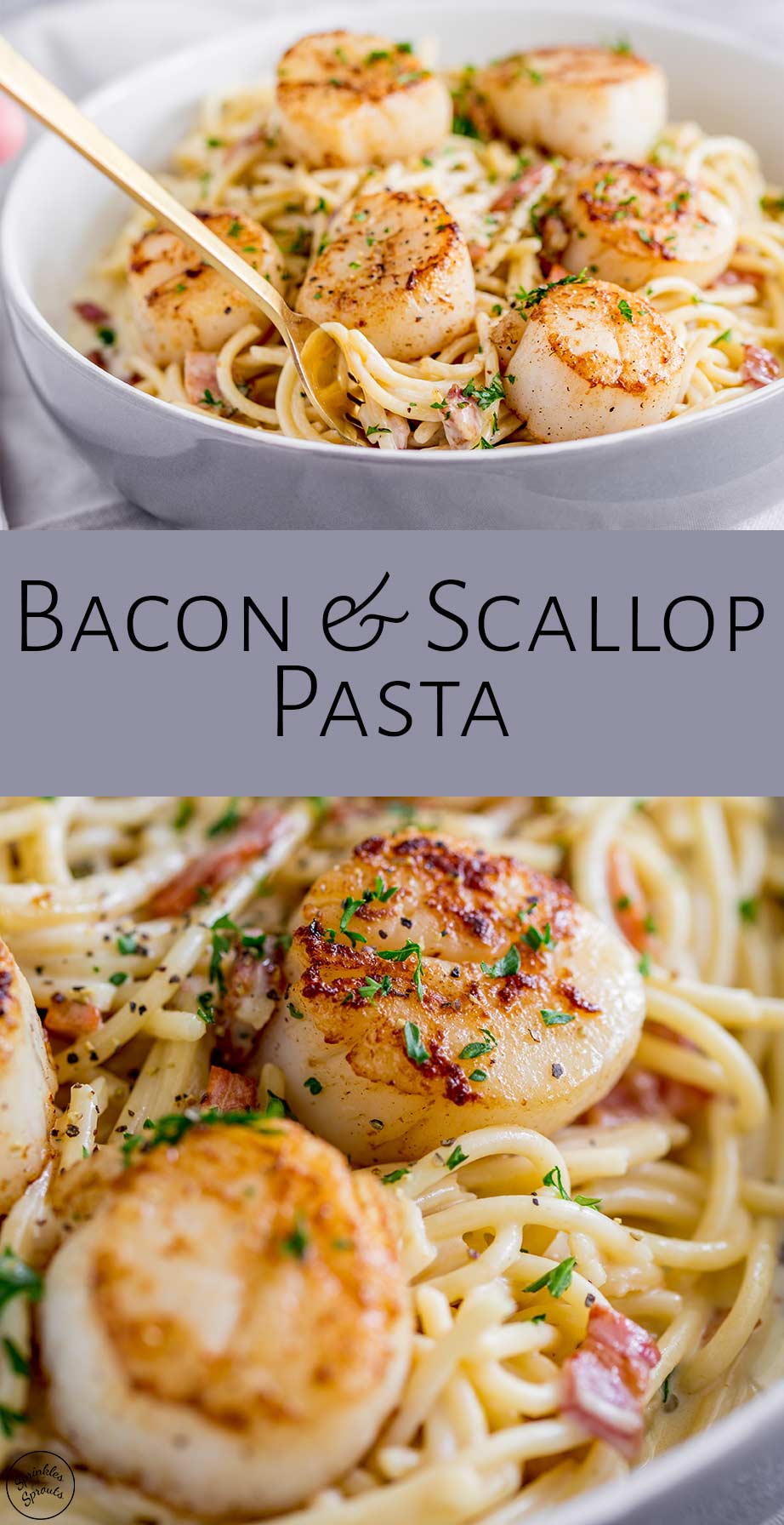 two pictures of scallop pasta with text in the middle