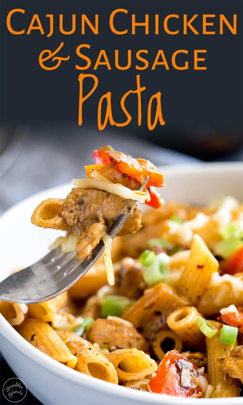 a fork picking up a chunk of chicken and pasta with text at the top