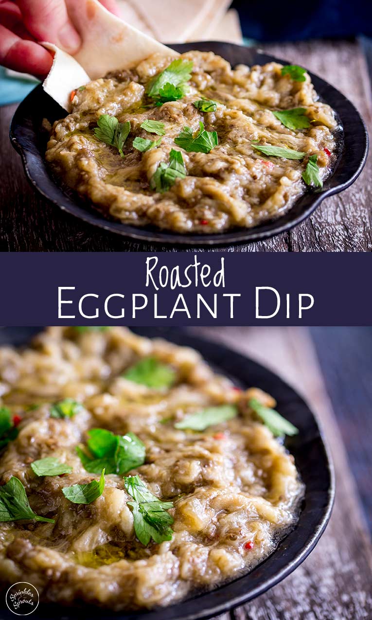 split picture both showing the eggplant dip with text in the middle