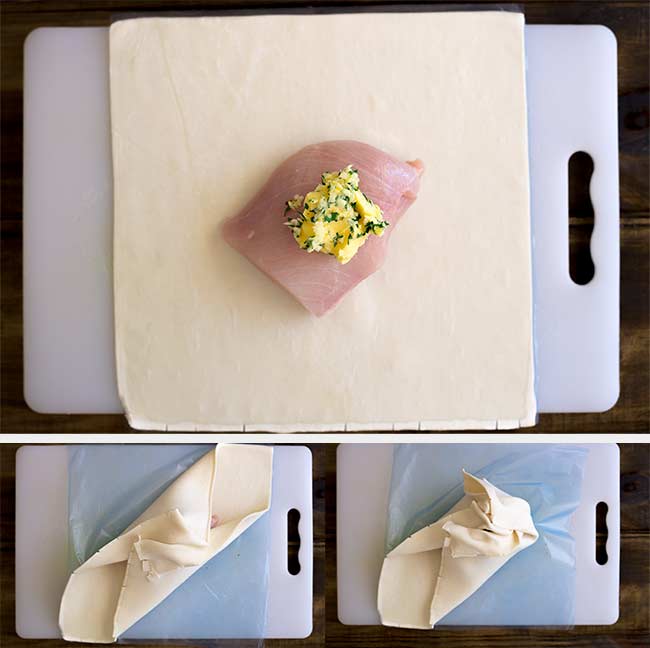 split picture showing how to fold the chicken parcels