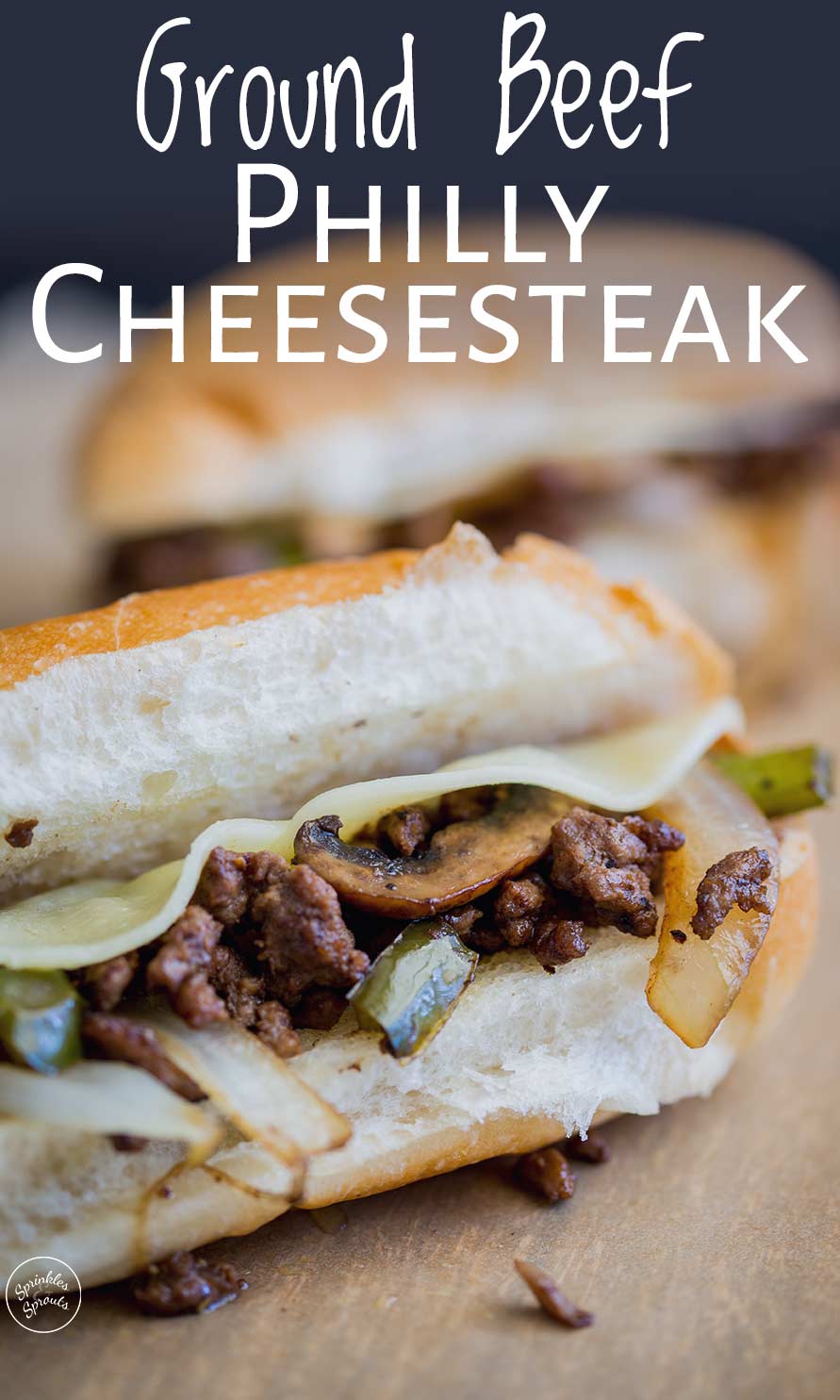 close up on the ground beef philly cheesesteak with text overplayed