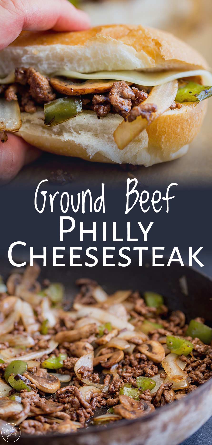 two photos of ground beef cheesesteaks with text between them