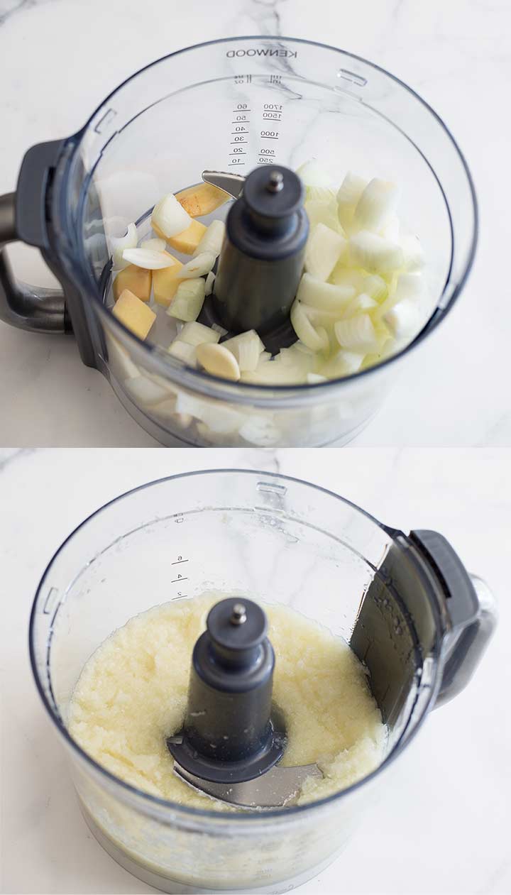 food processor showing the constancy of the onion paste for the curry sauce