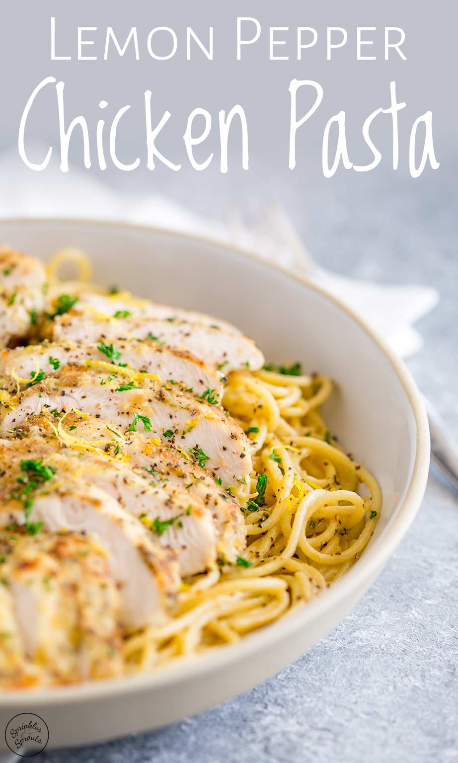close up on the pasta in the lemon pepper chicken pasta