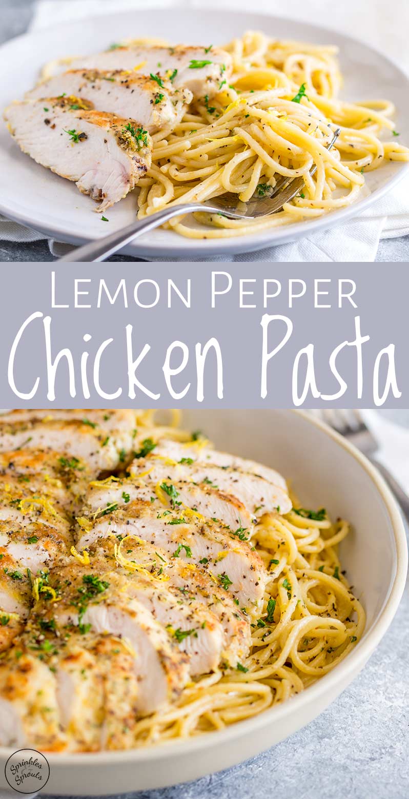 pin image with two picture of lemon pepper pasta and text in the middle