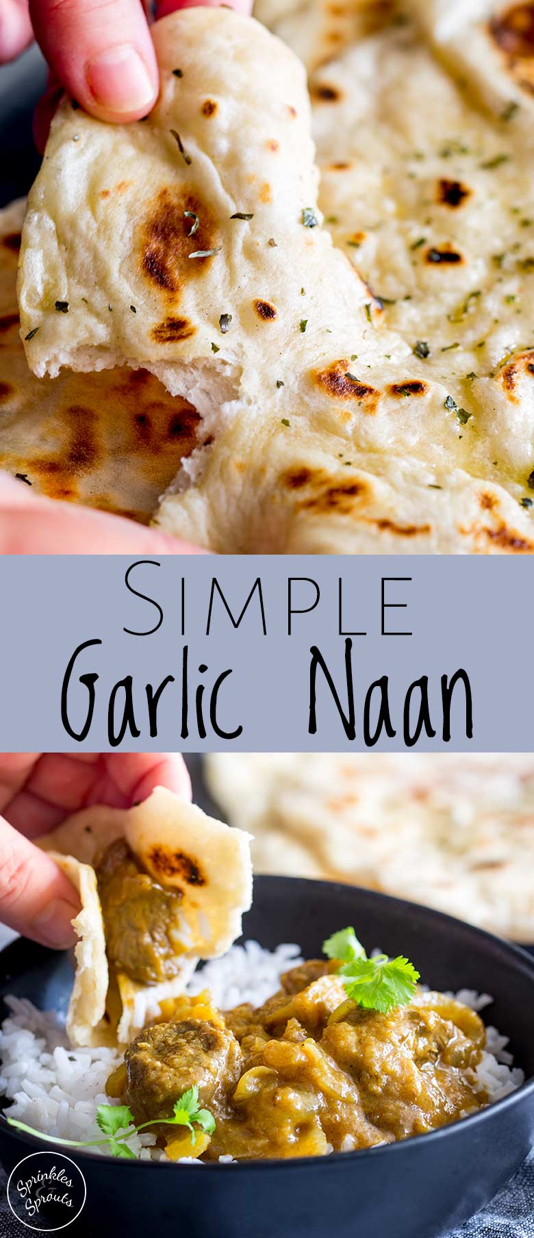 two photos of garlic naan bread with text in the middle