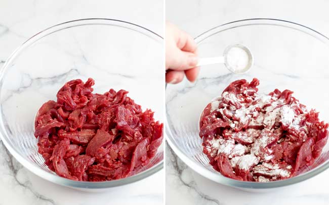 two pictures showing beef strips being velveted for beef stir fry
