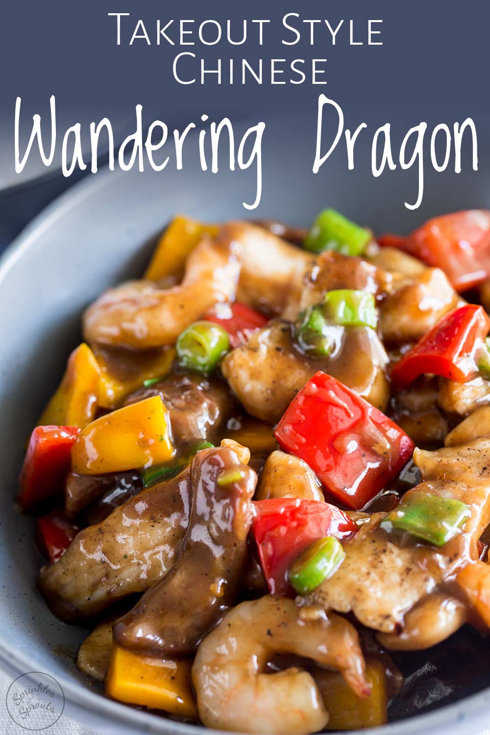 close up on the glossy brown sauce of the wandering dragon stir fry with text at the top