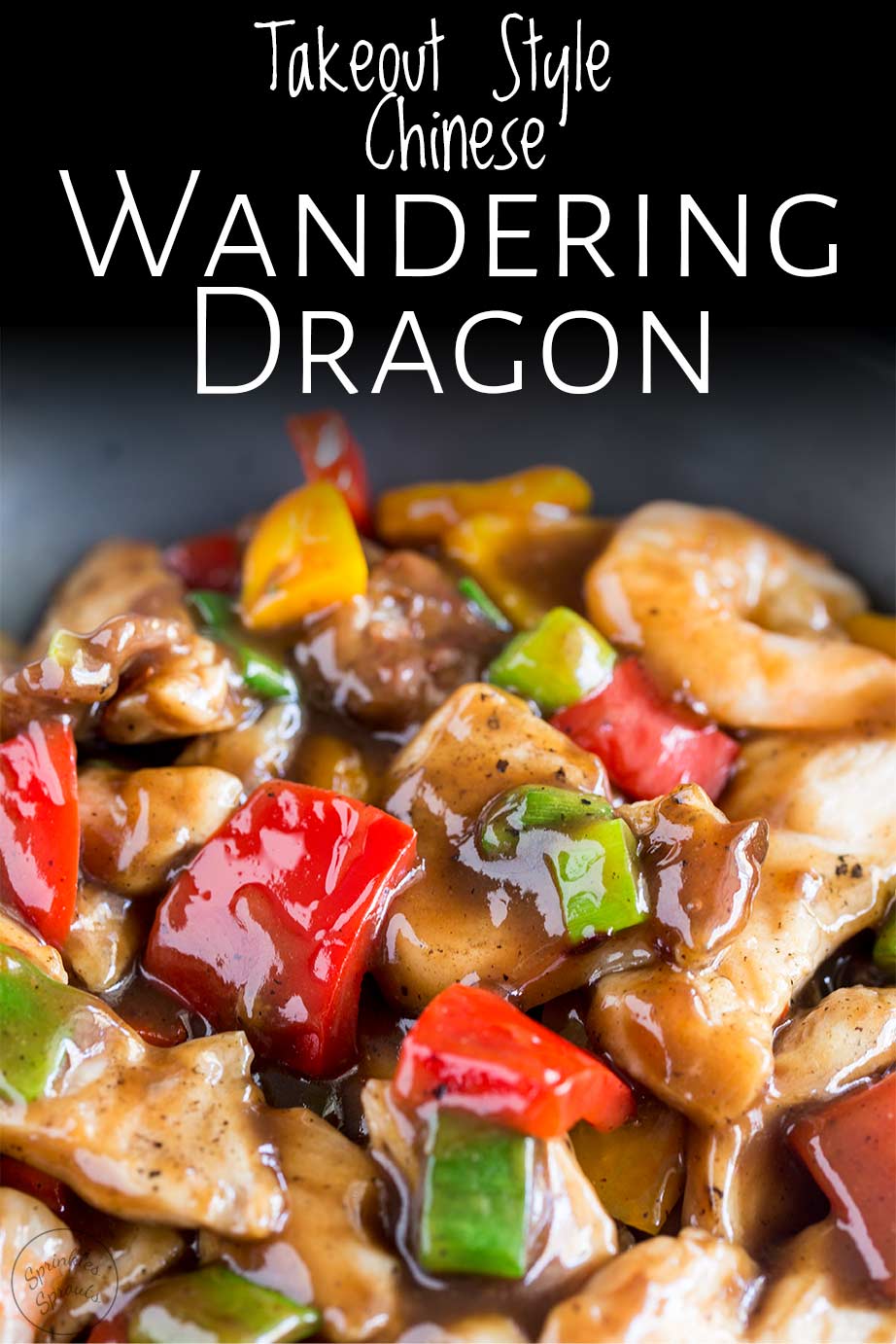 close up on the wandering dragon stir fry with text at the top