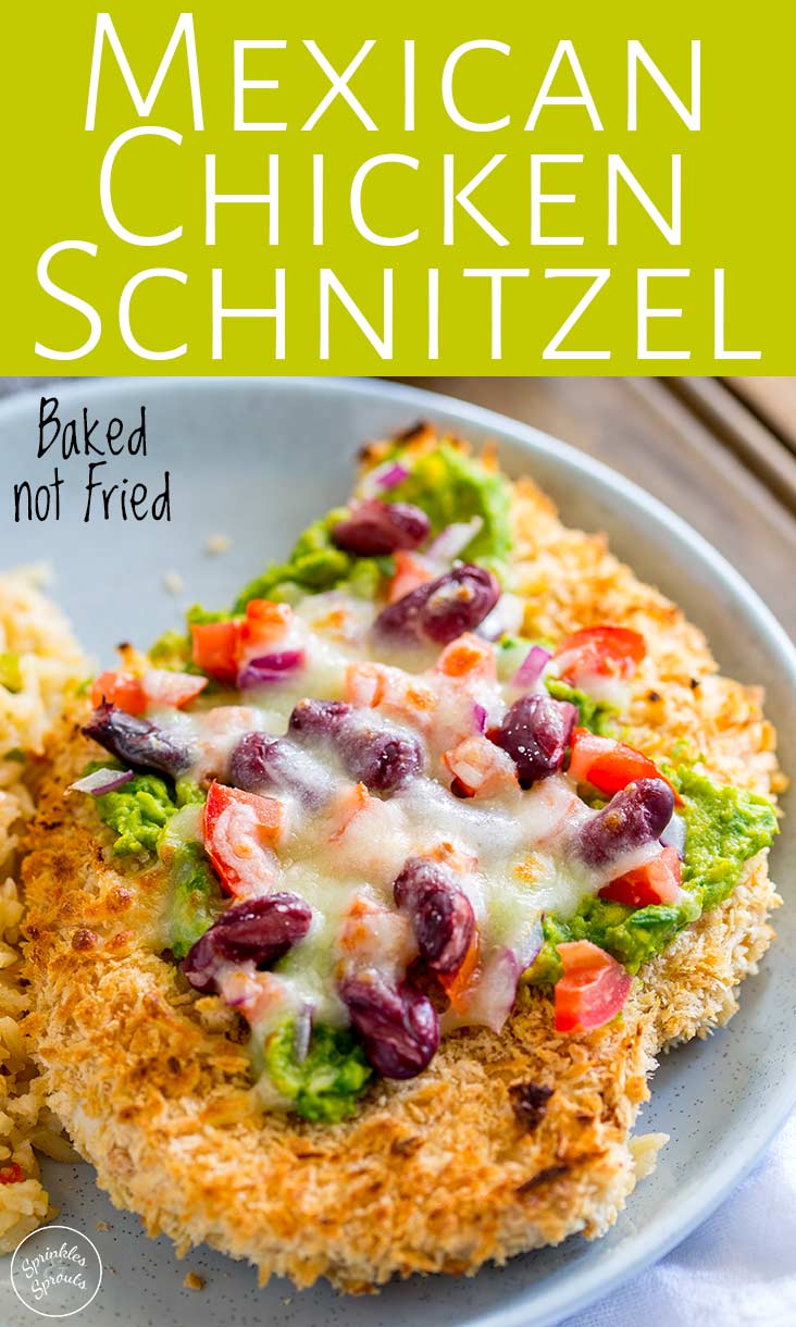 pin image of Mexican chicken schnitzel with text at the top
