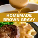 Pinterest Image: Brown gravy in a gravy boat with text overlay
