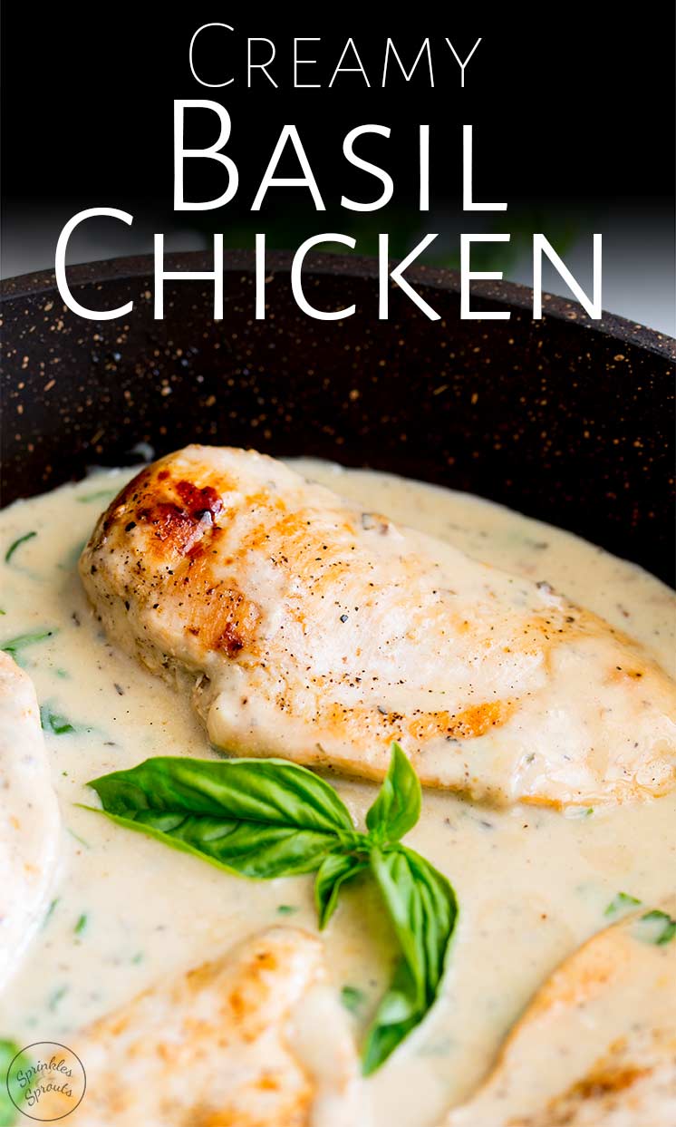 pin image with a picture of chicken with fresh basil leaves and text at the top