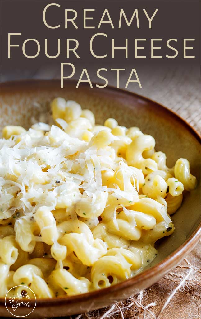 close up on the cheese pasta with text at the top