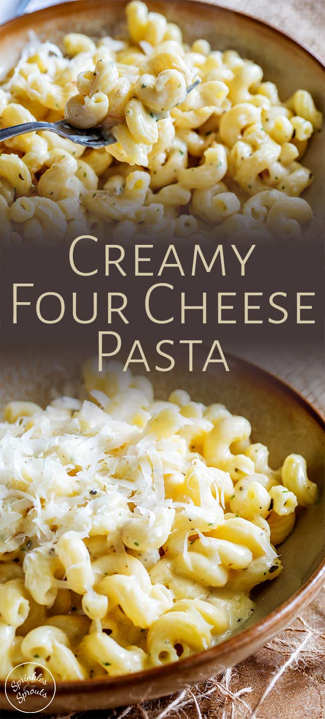 two pictures of cheese pasta with text in the middle