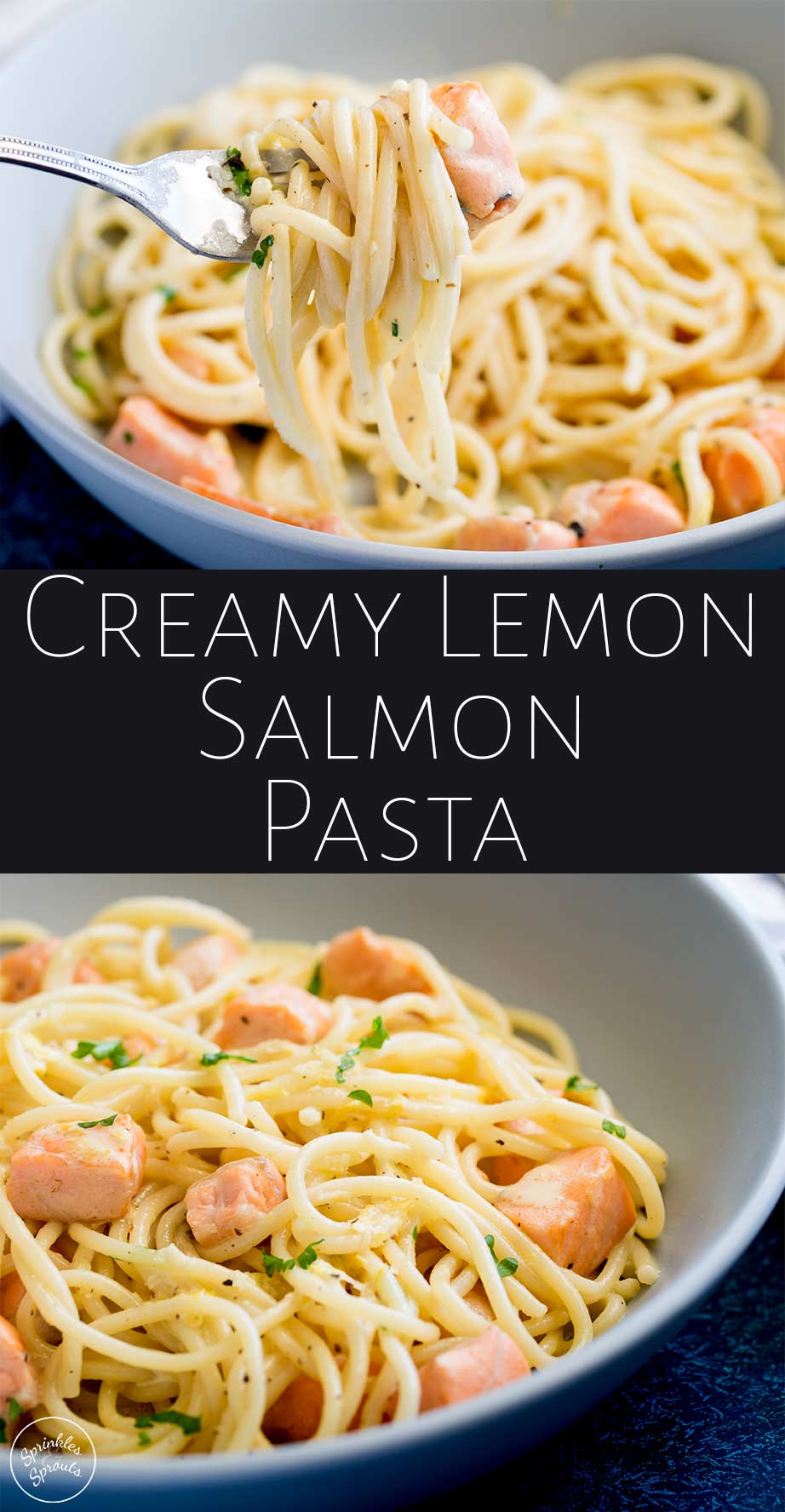 two pictures of the salmon pasta with text in the middle