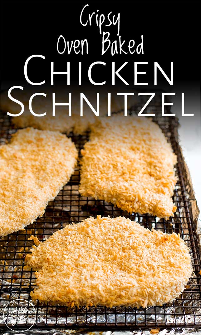 chicken schnitzel on a wire rack with text at the top