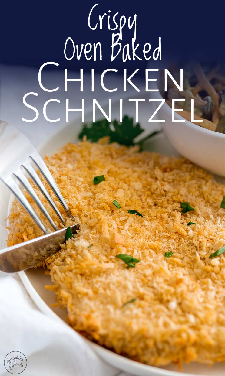 knife and fork cutting a chicken schnitzel with text at the top