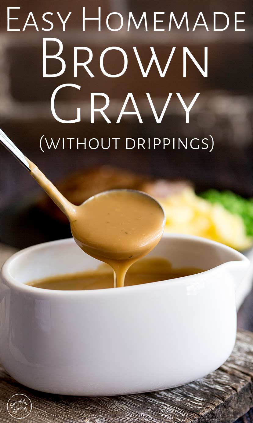 gravy being spooned out of a gravy boat with text overlay at the top