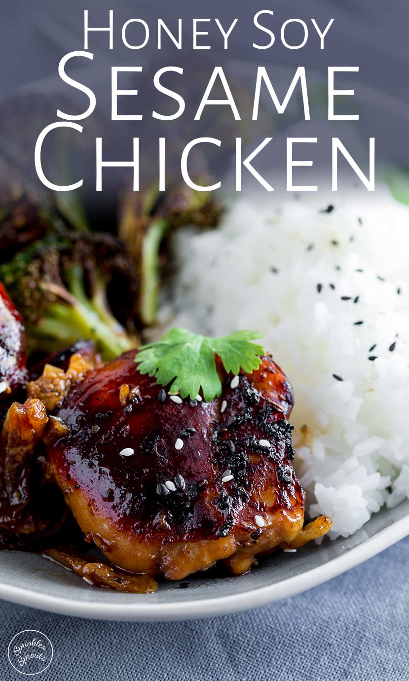 Honey Soy chicken thighs on a plate with text overlaid at top