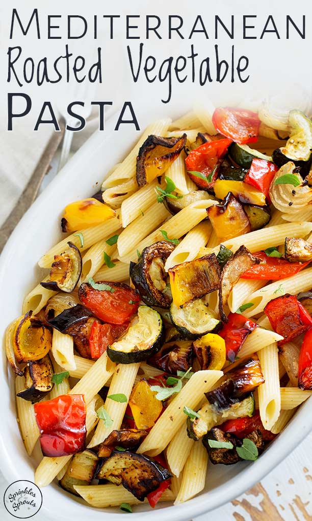 close up on the roasted veg in the pasta with text overplayed at the top left