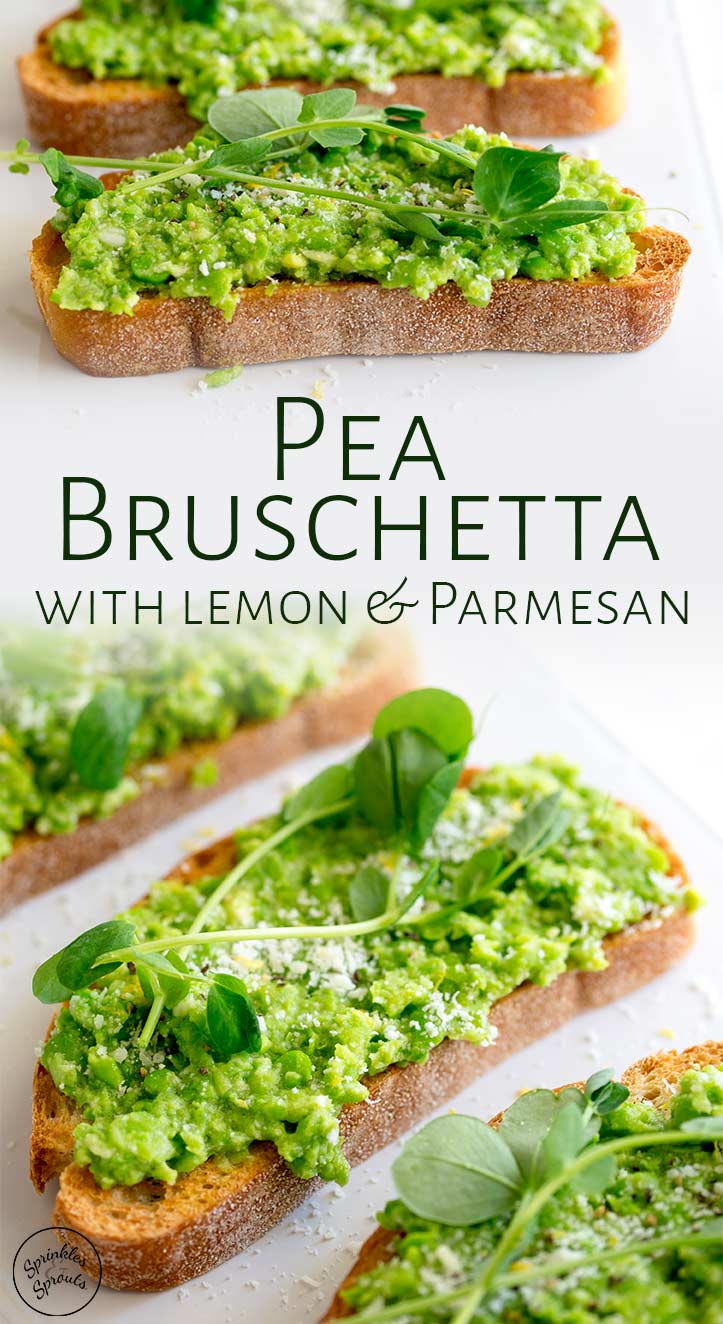 two picture of pea bruschetta with text between them