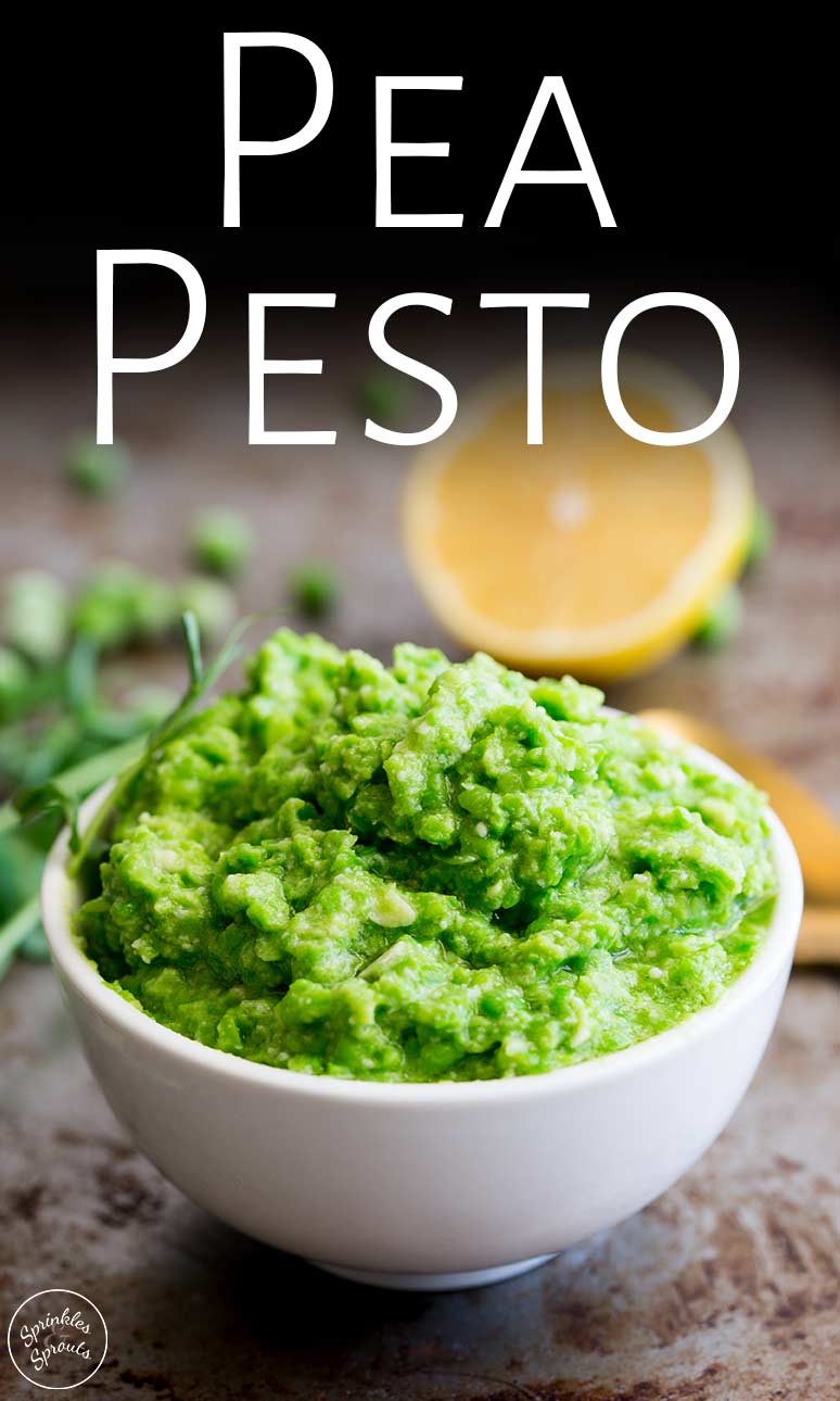 a white bowl of pea pesto with text at the top