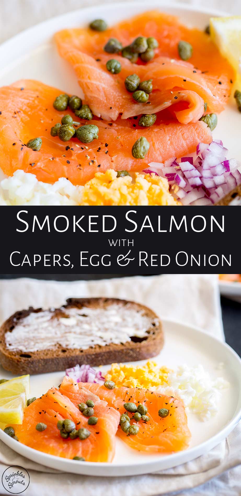 split picture of a smoked salmon appetizer with text in the middle