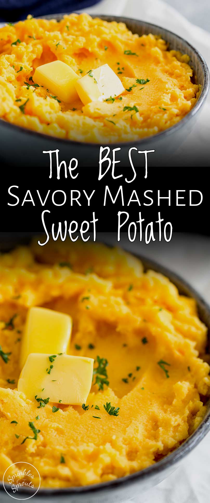 split photo of sweet potato mash with text in the middle