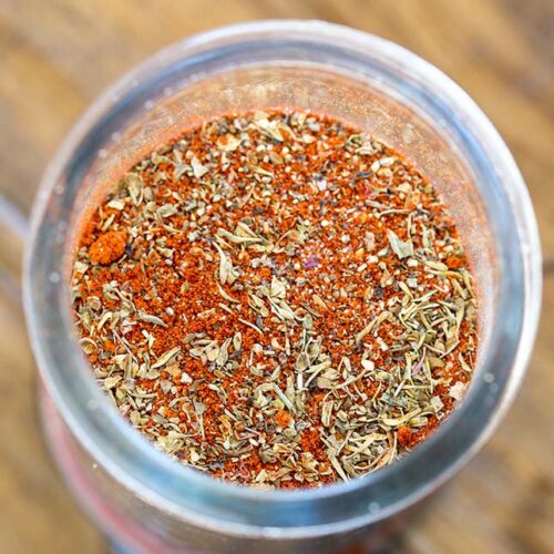 close up of the inside of a jar of creole seasoning