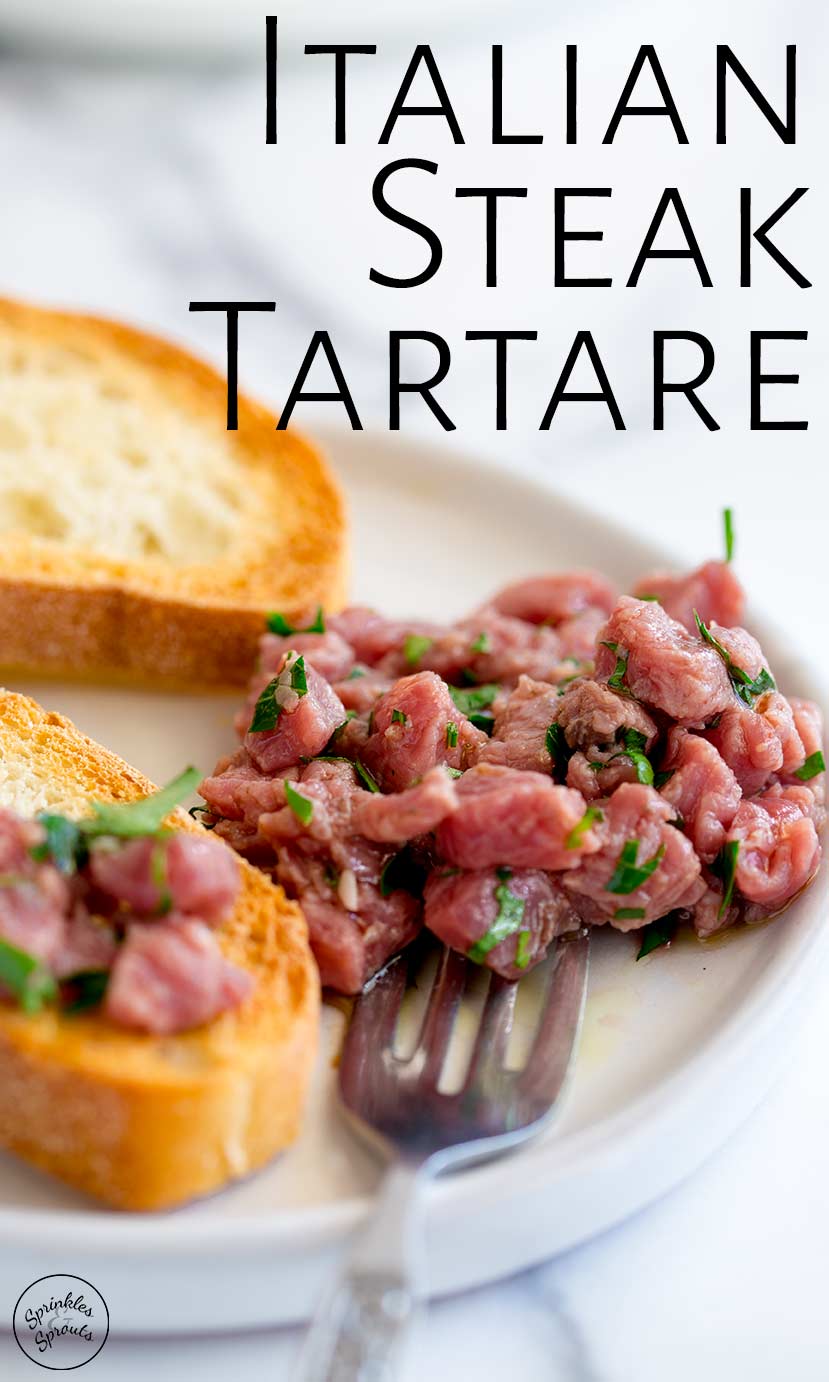 a white plate of Italian steak tartare with text at the top