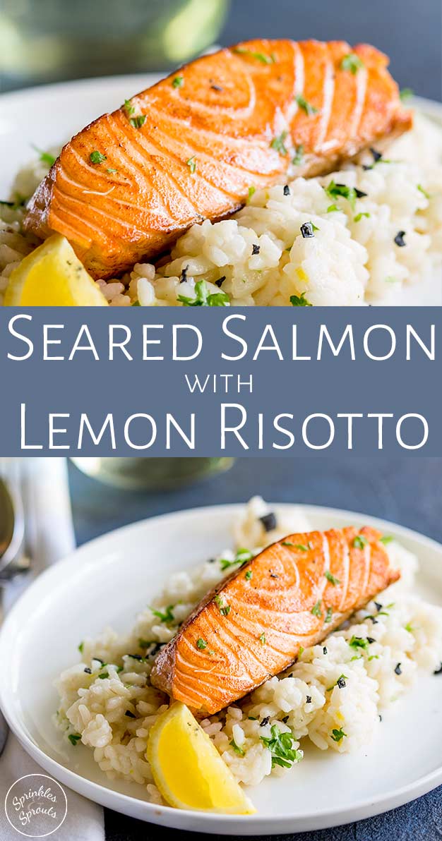 split picture showing two pictures of salmon risotto