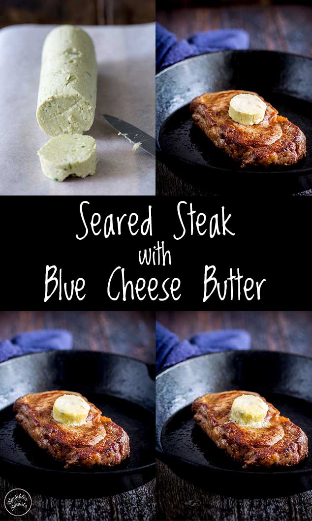 Four pictures showing the blue cheese butter as it melts onto steak, with text in the middle