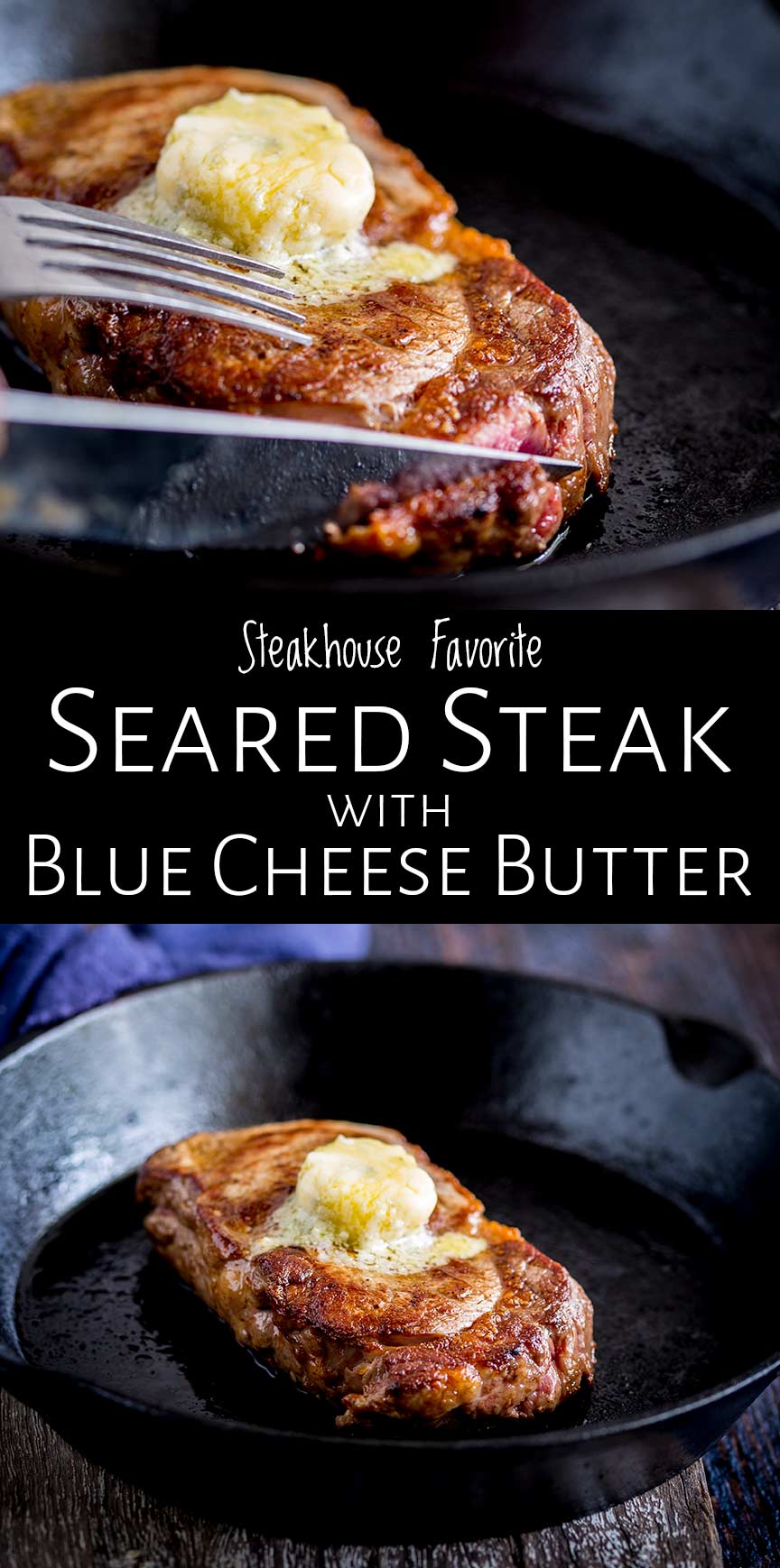two pictures of a steak in a skillet with text iin the middle