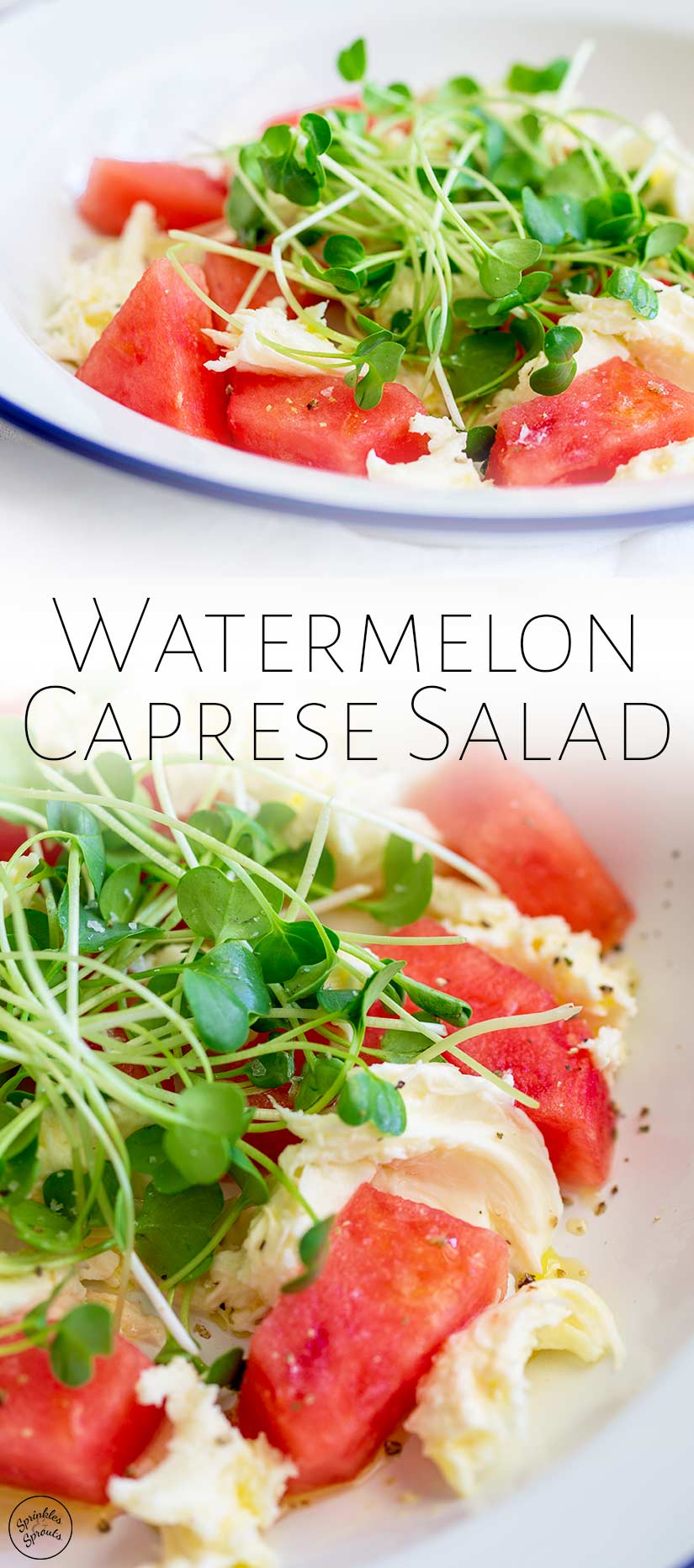 two pictures of watermelon caprese salad with text in the middle