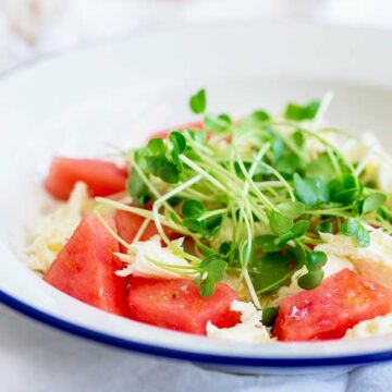 a blue and white plate with watermelon and mozzarella salad in it