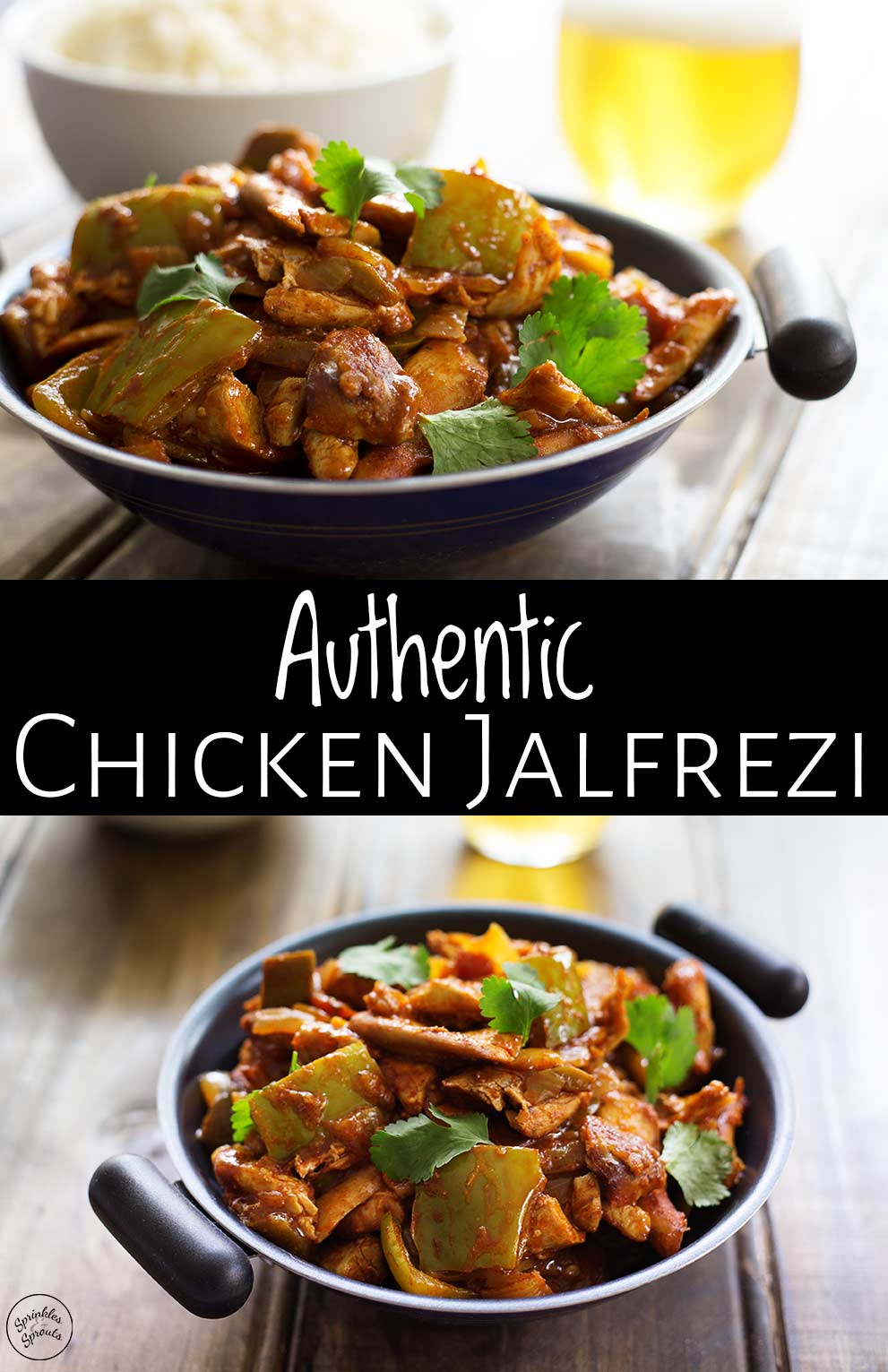 two pictures of chicken jalfrezi with text between them