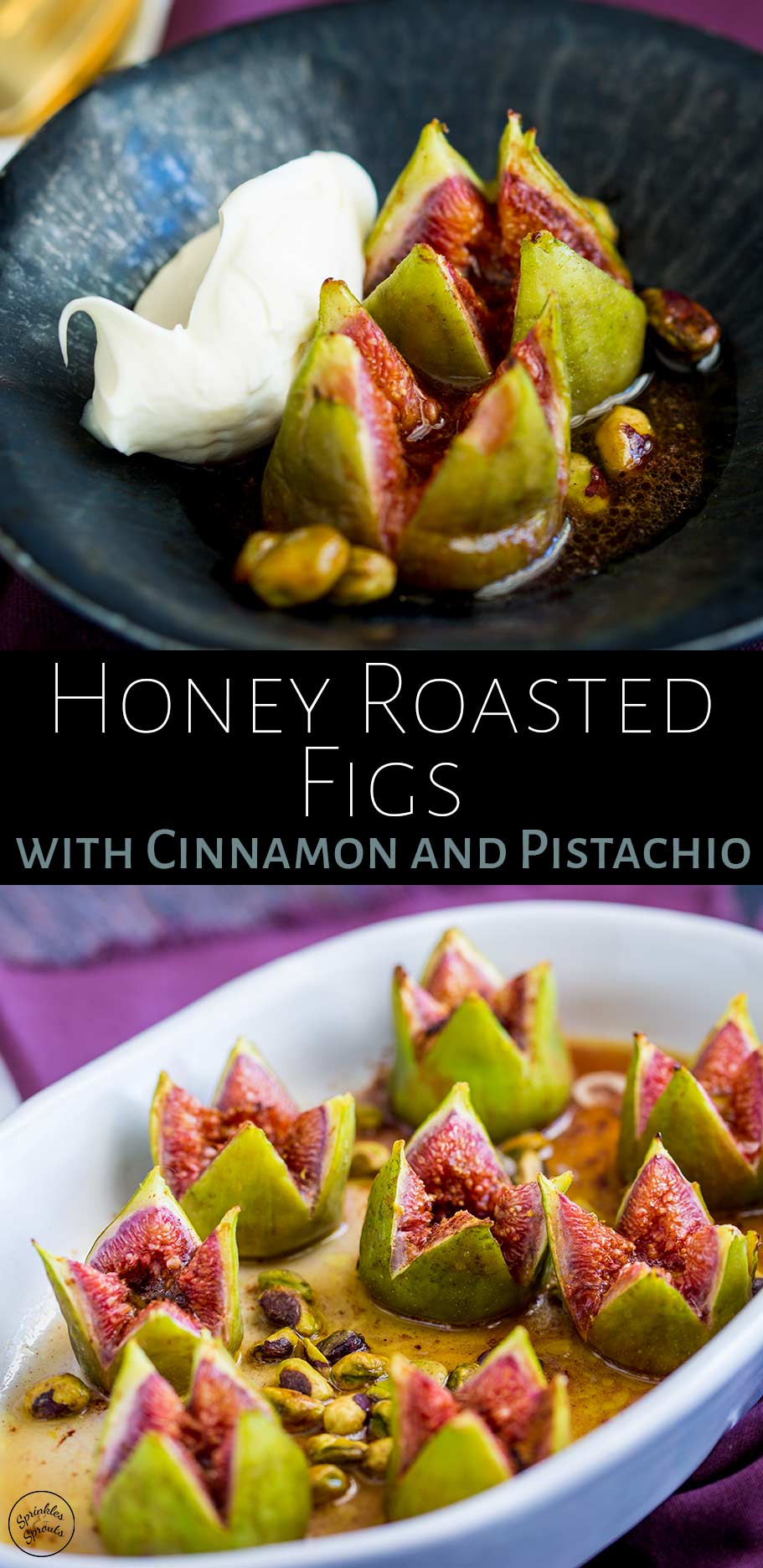 two pictures of roasted figs with text between them