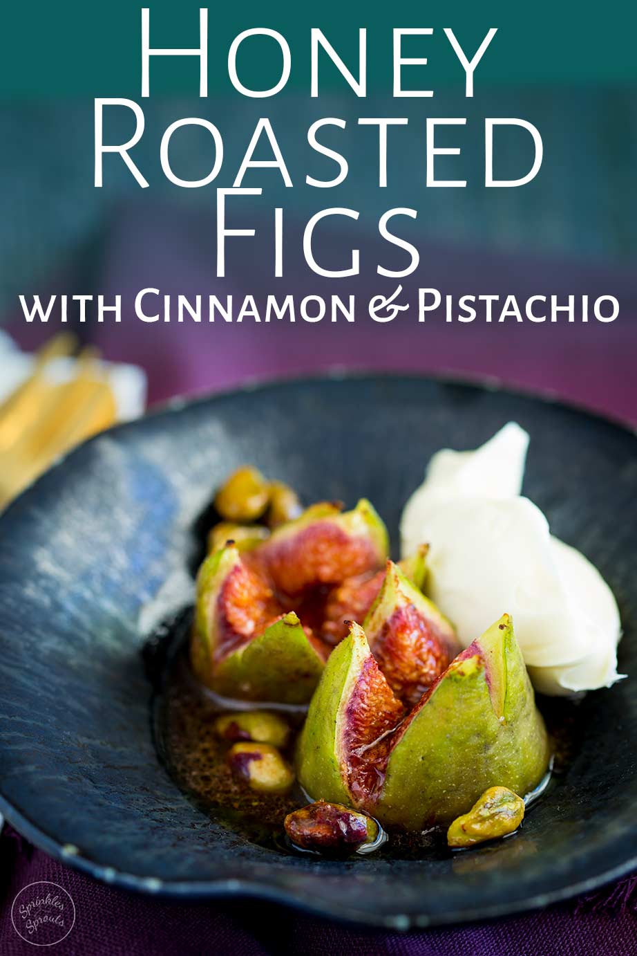 close up on a cut cooked fig with text at the top