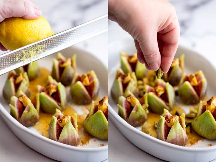 lemon zest and pistachios being scattered over cut figs